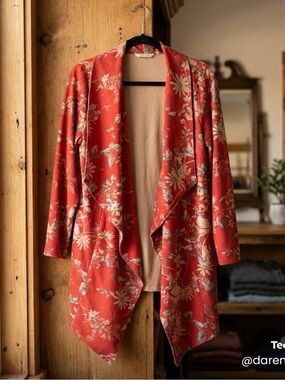Soft Surroundings Red Floral Open-Front Draped Cardigan